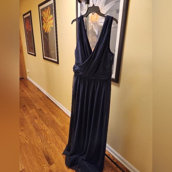 Dessy Collection Draped Chiffon Maxi Dress, Women's Size 20 midnight navy - Picture 3 of 11
